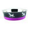 Stainless Steel Pet Bowl with Anti Skid Rubber Base and Dog Design; Gray and Pink