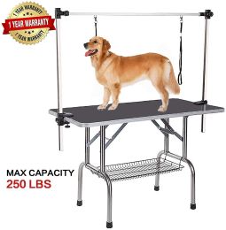 Professional Dog Pet Grooming Table Large Adjustable Heavy Duty Portable w/Arm & Noose & Mesh Tray (Color: black)