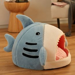 Washable Shark Cat House Cute Pet Sleeping Bed Warm Soft Cat Nest Kennel Kitten Cave (Color: Blue, size: S 43x40x30 cm)