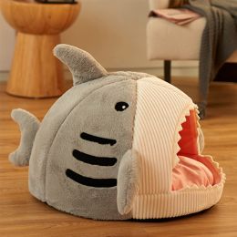 Washable Shark Cat House Cute Pet Sleeping Bed Warm Soft Cat Nest Kennel Kitten Cave (Color: Grey, size: M 49x45x33 cm)